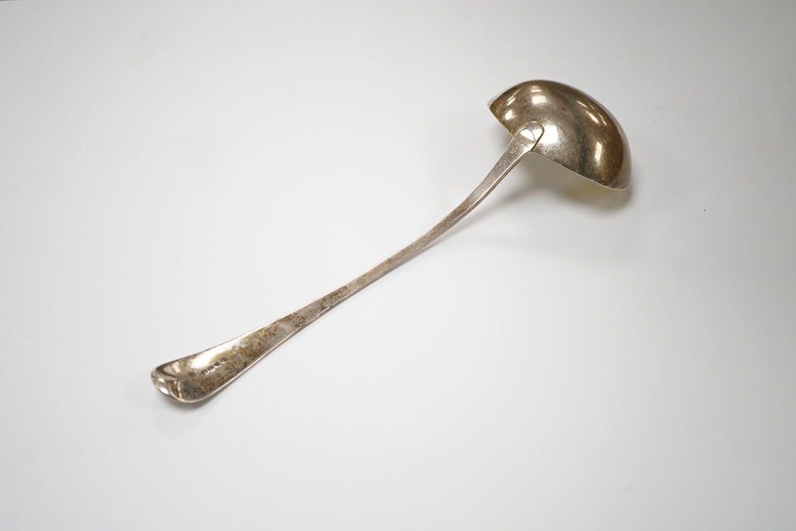 A George III silver Old English pattern soup ladle, by Eley, Fearn & Chawner, London, 1813, 31cm, 5.9oz.
